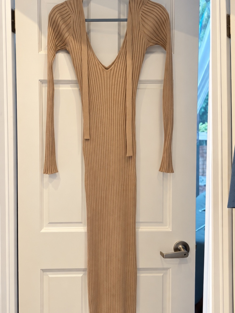 REVOLVE Ribbed V-Neck Long Sleeve Midi Dress - Tan